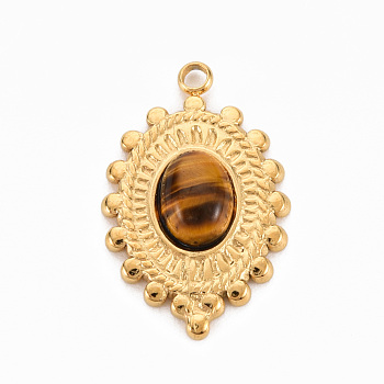 304 Stainless Steel Pendants, with Tiger Eye, Oval, Peru, 23.5x15x4~5mm, Hole: 1.8mm