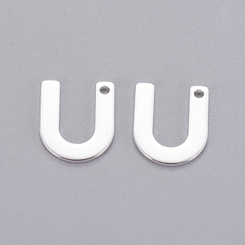 201 Stainless Steel Charms, Letter, Silver Color Plated, Letter.U, 11x9x0.7mm, Hole: 1mm