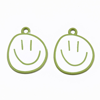 Spray Painted Alloy Pendants,  Cadmium Free & Lead Free, with White Enamel, Smiling Face, Yellow Green, 24x20x1mm, Hole: 2mm