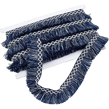 Ethnic Style Two Tone Polyester Tassel Ribbon, Rhombus Pattern, White, Midnight Blue, 1-3/8 inch(35x0
.9mm)
