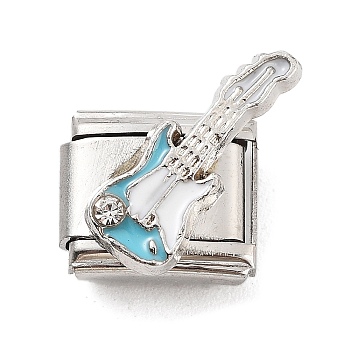 Electric Guitar 304 Stainless Steel Enamel Connector Charms, DIY Handmade Module Bracelet Accessories, Stainless Steel Color, Sky Blue, 10x9x6.5mm