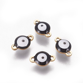 Ion Plating(IP) 304 Stainless Steel Enamel Links connectors, Flat Round with Evil Eye, Golden, Black, 9.5x6x3.5mm, Hole: 1.2mm