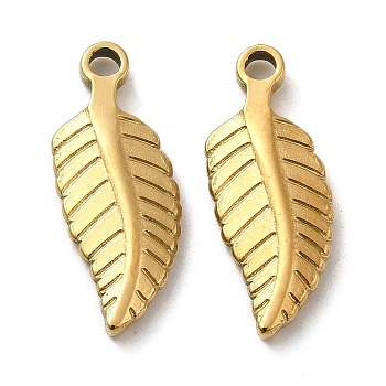 Ion Plating(IP) 316L Surgical Stainless Steel Pendants, Leaf Charm, Real 18K Gold Plated, 24x9.5x3mm, Hole: 2.2mm