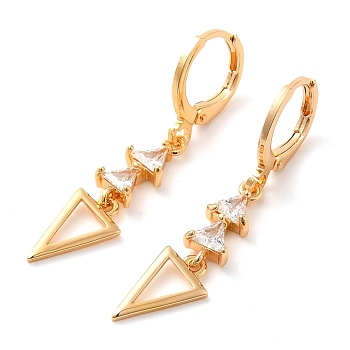 Rack Plating Golden Brass Dangle Leverback Earrings, with Cubic Zirconia, Triangle, Clear, 38x7.5mm