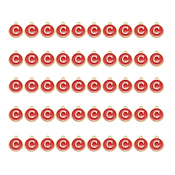 Golden Plated Alloy Charms, with Enamel, Enamelled Sequins, Flat Round, Red, Letter.C, 14x12x2mm, Hole: 1.5mm, 50pcs/Box