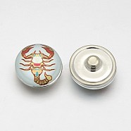 Platinum Tone Half Round/Dome Brass Jewelry Snap Buttons, with Scorpion Pattern Glass Cabochons, Colorful, 18x10mm, Knob: 5.5mm(MAK-J007-70)