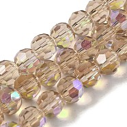 Electroplate Transparent Glass Beads Strands, Faceted, Round, Rainbow Plated, Tan, 8mm, Hole: 1mm, about 66~69pcs/strand, 19.29~19.57 inch(49~49.7cm)(EGLA-A035-T8mm-L22)