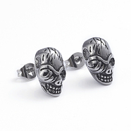 Retro 304 Stainless Steel Stud Earrings, with Ear Nuts, Skull, Antique Silver, 13.5x8mm, Pin: 0.7mm(EJEW-L248-021AS)