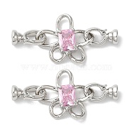 Rack Plating Brass Pave Pink Glass Fold Over Clasps, Cadmium Free & Lead Free, Long-Lasting Plated, Flower, Platinum, Flower: 22x19x5.5mm, 4mm inner diameter, Clasp: 13x7.2x5.7mm, Hole: 1mm, 4mm inner diameter(KK-E084-35P)