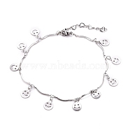 304 Stainless Steel Scalloped Bar Link Chain Bracelets, with Smile Face Charms and Lobster Claw Clasps, Stainless Steel Color, 8-1/8 inch(20.5cm)(BJEW-JB05469)