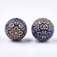 Plating Acrylic Beads, Metal Enlaced, Round with Flower, Blue, 13.5~14mm, Hole: 1.5mm, about 325pcs/500g(PACR-S219-21B)