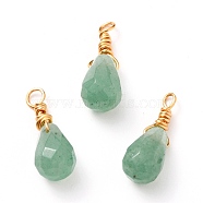 Wire Wrapped Faceted Natural Green Aventurine Pendants, with Golden Plated Brass Wire, Teardrop, 16mm, Hole: 2mm(X-PALLOY-JF00541-01)