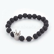 Natural Black Agate(Dyed) Beads Stretch Bracelets, with Brass Micro Pave Cubic Zirconia Beads, Crown, Clear, Platinum, 2-1/8 inch(5.5cm)(BJEW-JB03966-03)