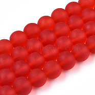Transparent Glass Beads Strands, Frosted, Round, Red, 9.5~10mm, Hole: 1.5mm, about 41~42pcs/strand, 14.88~15.12 inch(37.8~38.4cm)(GLAA-T032-T10mm-MD09)