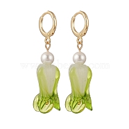 Handmade Lampwork Chinese Cabbage Dangle Leverback Earrings, with Round Shell Pearl Beads, 304 Stainless Steel Jewelry for Women, Real 24K Gold Plated, Medium Sea Green, 45mm(EJEW-TA00194)