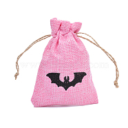 Halloween Burlap Packing Pouches, Drawstring Bags, Rectangle with Bat Pattern, Hot Pink, 15x10cm(HAWE-PW0001-151B)