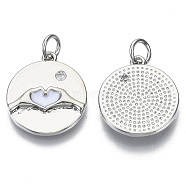 Brass Micro Pave Cubic Zirconia Pendants, with Enamel & Jump Rings, Nickel Free, Valentine's Day, Flat Round with Heart, Clear, Real Platinum Plated, White, 18x16x2.5mm, Jump Ring: 5.5x0.8mm, inner diameter: 3mm.(KK-S061-34C-P-NF)