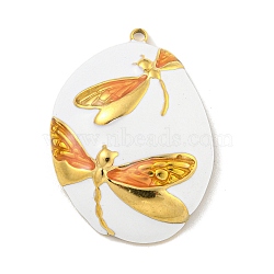 Ion Plating(IP) 304 Stainless Steel Pendants, with Enamel, Real 18K Gold Plated, Oval with Dragonfly Charm, Orange, 33x25x6mm, Hole: 2mm(X-STAS-U007-01D-G)