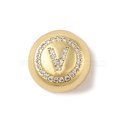 Rack Plating Brass & Cubic Zirconia Pendants, Cadmium Free & Lead Free, Long-Lasting Plated, Flat Round with Letter, Letter V, 13x7mm, Hole: 4x3mm(KK-Z047-07G-V-RS)