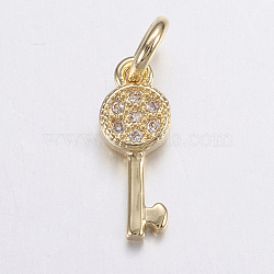 Brass Micro Pave Cubic Zirconia Pendants, Long-Lasting Plated, Real 18K Gold Plated, Key, 12.5x4.5x1.5mm, Hole: 2.5mm(ZIRC-G125-49G)