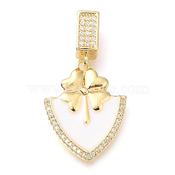 Brass Micro Pave Cubic Zirconia Pendants, with Enamel, Leaf Charms, White, 33.5x18x3.5mm, Hole: 7x4mm(KK-S049-06G-B)