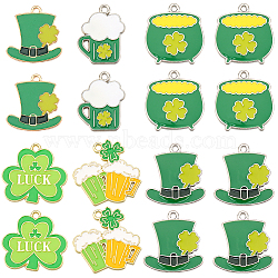 24Pcs 6 Style Alloy Pendants, with Enamel, Light Gold, Mixed Shapes, for Saint Patrick's Day, Green, 22~40x17.5~27.5x1.5~2mm, Hole: 1.8~2mm, 4pcs/style(ENAM-SC0004-93)