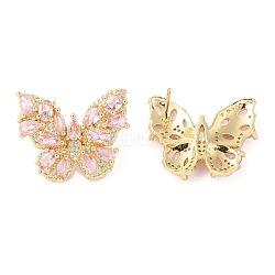 Rack Plating Brass with Cubic Zirconia Stud Earrings for Women, Cadmium Free & Lead Free, Long-Lasting Plated, Real 18K Gold Plated, Butterfly, Pearl Pink, 20x25mm(EJEW-G394-06G-04)