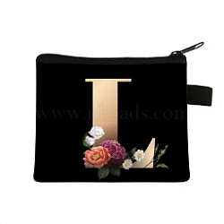 Initial Letter with Flower Cosmetic Bag, Polyester Wallets with Zipper, Black Change Purse, Clutch Bag for Women, Letter L, 11x13.5cm(PW-WG1F7F6-09)