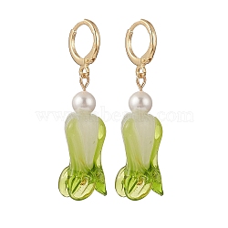 Handmade Lampwork Chinese Cabbage Dangle Leverback Earrings, with Round Shell Pearl Beads, 304 Stainless Steel Jewelry for Women, Real 24K Gold Plated, Medium Sea Green, 45mm(EJEW-TA00194)