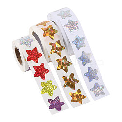 CHGCRAFT 3 Rolls 3 Styles Laser Star Self-Adhesive Gift Tag Glitter Foil Sticker Labels, Waterproof Decals for Festival, Hoilday, Wedding Presents Decoration, Mixed Color, 21.5~24x22.5~25x0.1mm, 1 roll/style(DIY-CA0006-19)