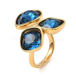 Teardrop & Square Glass Open Cuff Rings, Real 18K Gold Plated 304 Stainless Steel Ring, Prussian Blue, US Size 7 1/4(17.5mm)(RJEW-G289-01G-04)