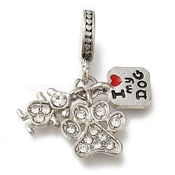 Rack Plating Alloy Enamel European Dangle Charms, Dog & Paw Print Large Hole Pendants with Crystal Rhinestone, Antique Silver & Platinum, 27.5mm, Hole: 5mm(PALLOY-A009-12P)