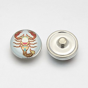 Platinum Tone Half Round/Dome Brass Jewelry Snap Buttons, with Scorpion Pattern Glass Cabochons, Colorful, 18x10mm, Knob: 5.5mm