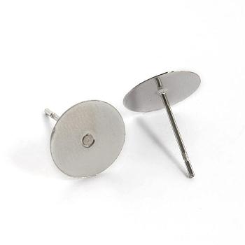 304 Stainless Steel Stud Earring Settings, Flat Round, Stainless Steel Color, Tray: 10mm, 12mm, Pin: 0.8mm