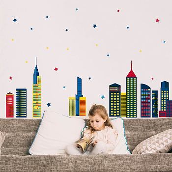 Translucent PVC Self Adhesive Wall Stickers, Waterproof Decals for Home Living Room Bedroom Wall Decoration, Building, 960x300mm, 3 sheets/set.