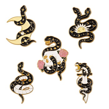 5Pcs 5 Style Snake Alloy Enamel Brooches, Enamel Pin for Backpack Clothes, Mixed Color, 32~33x13~25x9~10mm, 1pc/style