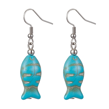 Fish Synthetic Turquoise Dangle Earrings, 304 Stainless Steel Earring for Women, 48x12mm