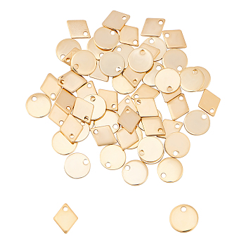 304 Stainless Steel Charms, Rhombus & Flat Round, Golden, 9x7x1mm, Hole: 1.2mm, 8x0.8mm, Hole: 1.2mm, 60pcs/box