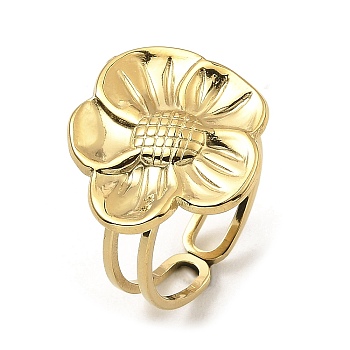 304 Stainless Steel Open Cuff Rings, Flower, Real 18K Gold Plated, US Size 6 1/2(16.9mm)