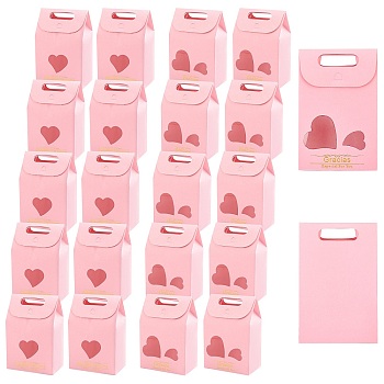 Nbeads 20Pcs 2 Style Rectangle Paper Bags with Handle and Clear Heart Shape Display Window, for Bakery, Cookie, Candies, Gift Bag, Pink, 6x10x15.4cm, 10pcs/style