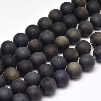 Frosted Natural Golden Sheen Obsidian Round Bead Strands, 12mm, Hole: 1mm, about 31pcs/strand, 15 inch