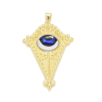 Glass Pendants, with Brass Findings, Cadmium Free & Nickel Free & Lead Free, Long-Lasting Plated, Real 18K Gold Plated, Rhombus with Eye, Blue, 46.5x32x9mm, Hole: 4.5x3mm