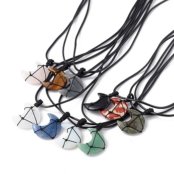Adjustable Gemstone Moon Pendant Necklace, Wax Cord Macrame Pouch Braided Gemstone Jewelry for Women, 29.37~29.69 inch(74.6~75.4cm)