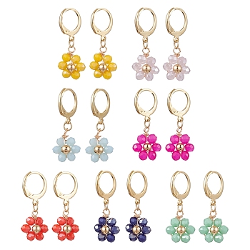 7 Pairs 7 Colors Golden Alloy Leverback Earrings, Flower Glass Drop Earrings, Mixed Color, 29.5~30x11~12mm, 1 Pair/color