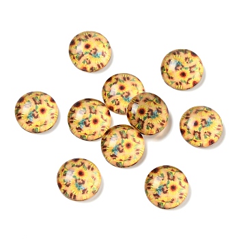 Glass Cabochons, Half Round/Dome with Sunflower Pattern, Yellow, 12x4.5mm