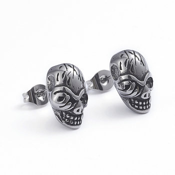 Retro 304 Stainless Steel Stud Earrings, with Ear Nuts, Skull, Antique Silver, 13.5x8mm, Pin: 0.7mm