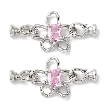 Rack Plating Brass Pave Pink Glass Fold Over Clasps, Cadmium Free & Lead Free, Long-Lasting Plated, Flower, Platinum, Flower: 22x19x5.5mm, 4mm inner diameter, Clasp: 13x7.2x5.7mm, Hole: 1mm, 4mm inner diameter