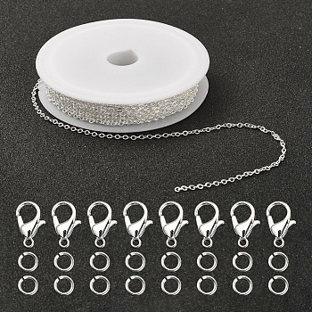 DIY 3m Brass Cable Chain Jewelry Making Kit, with 30Pcs Brass Open Jump Rings with 10Pcs Zinc Alloy Lobster Claw Clasps, Silver Color Plated, Chain Link: 2x1.8x1.2mm