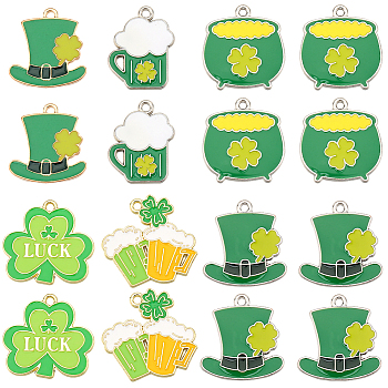 24Pcs 6 Style Alloy Pendants, with Enamel, Light Gold, Mixed Shapes, for Saint Patrick's Day, Green, 22~40x17.5~27.5x1.5~2mm, Hole: 1.8~2mm, 4pcs/style