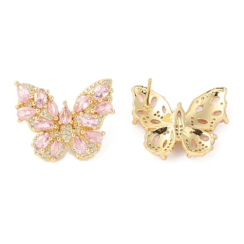 Rack Plating Brass with Cubic Zirconia Stud Earrings for Women, Cadmium Free & Lead Free, Long-Lasting Plated, Real 18K Gold Plated, Butterfly, Pearl Pink, 20x25mm